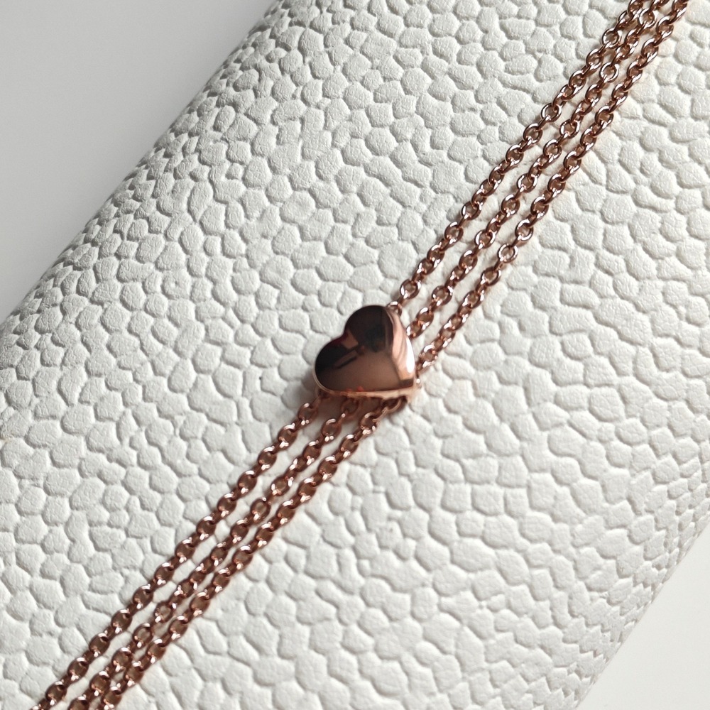Rose Gold Tone Triple Strand Heart Charm‎ Adjustable Bracelet Minimalist Chic